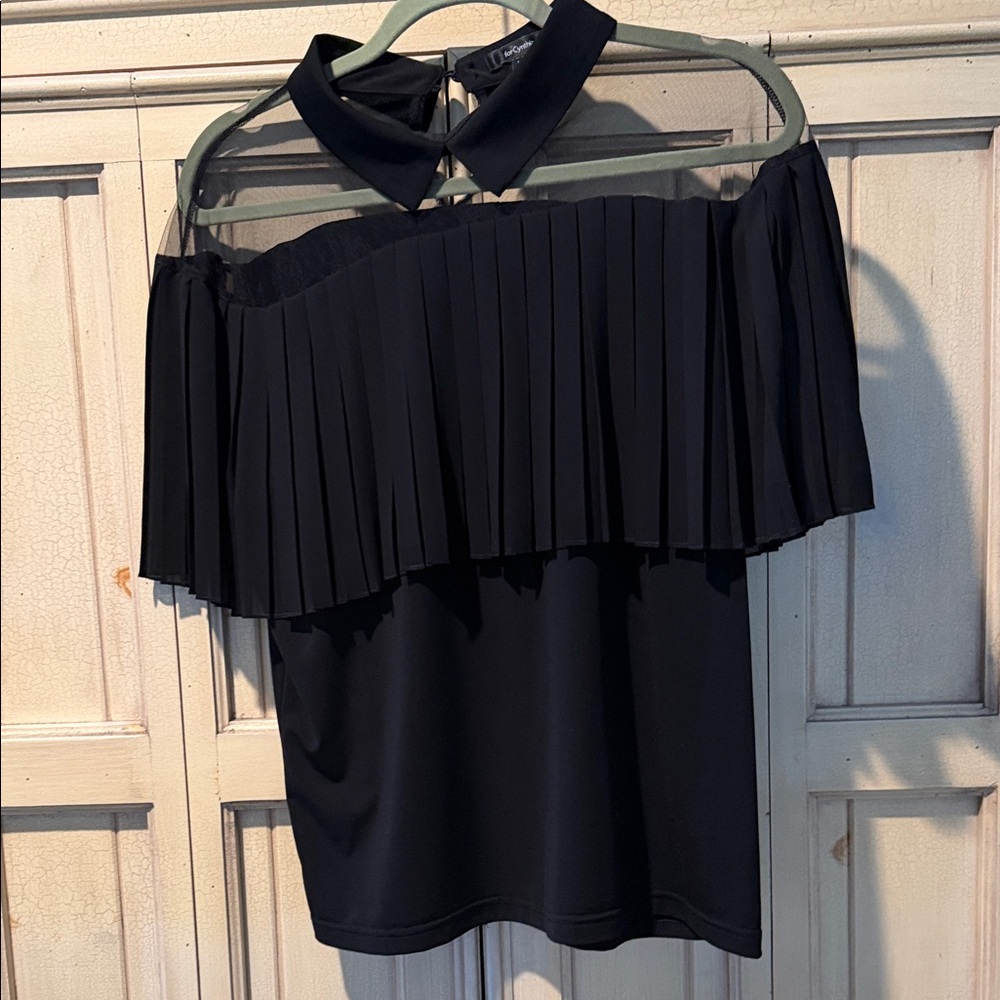 For Cynthia Black Sheer Pleated Blouse